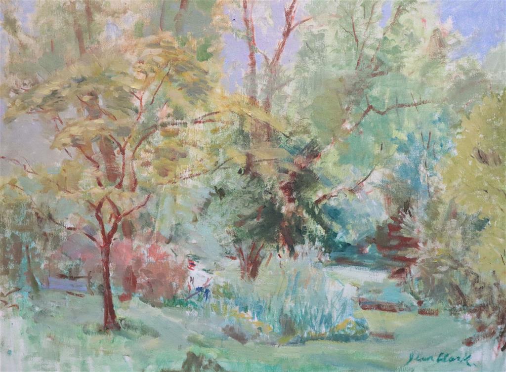 Jean Clark (1902-), oil on canvas, Figure amongst trees, signed, 50 x 60cm, unframed